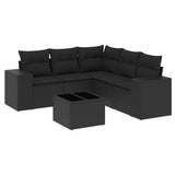 6 Piece Garden Sofa Set with Cushions Black Poly Rattan - Front View