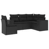 5 Piece Garden Sofa Set with Cushions Black Poly Rattan - Front View