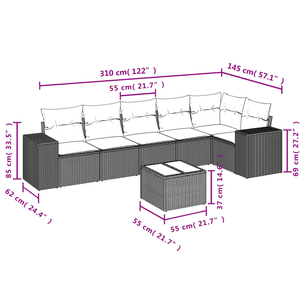 7 Piece Garden Sofa Set with Cushions Grey Poly Rattan