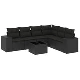 7 Piece Garden Sofa Set with Cushions Black Poly Rattan - Front View