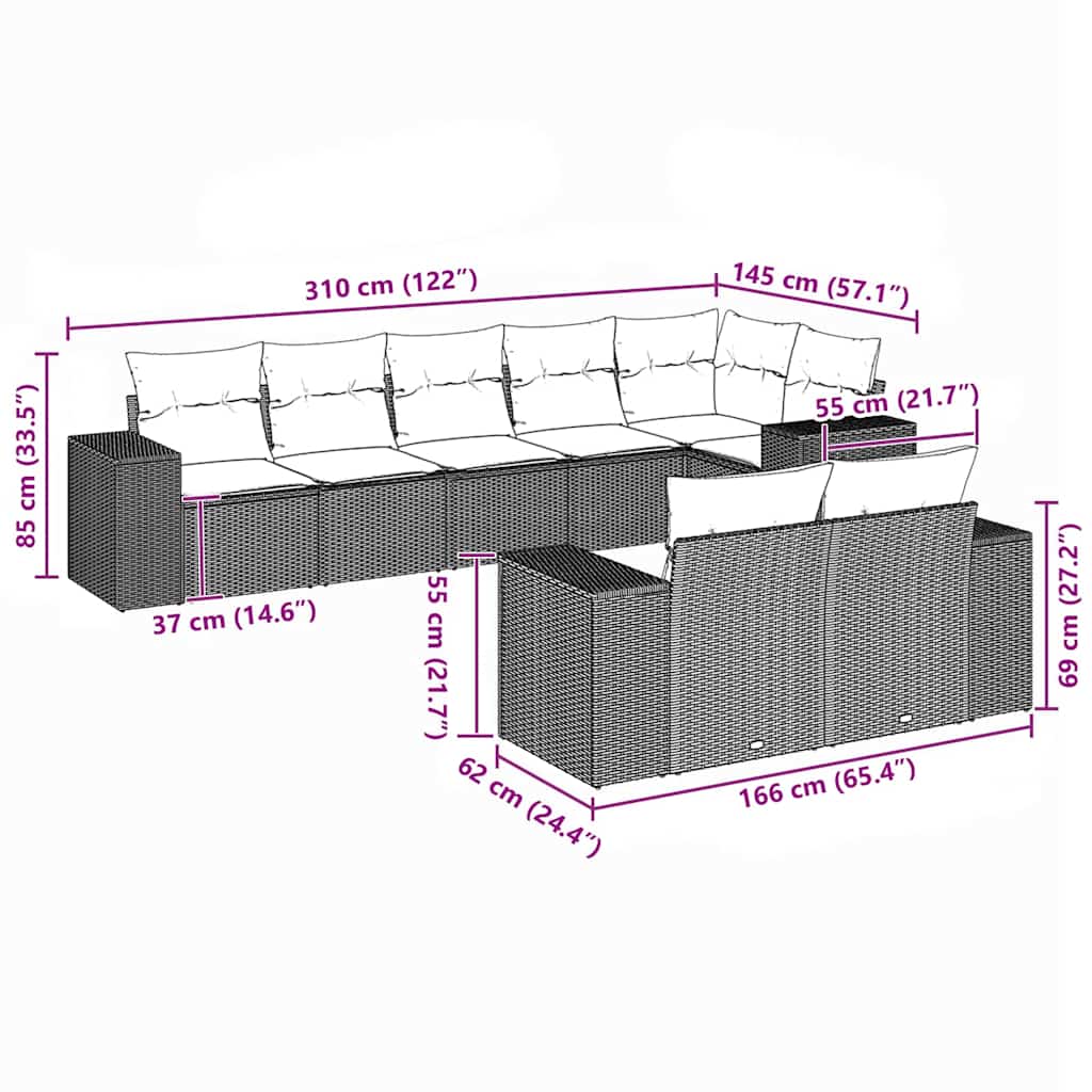 8 Piece Garden Sofa Set with Cushions Black Poly Rattan