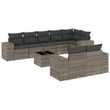 9 Piece Garden Sofa Set with Cushions Grey Poly Rattan - Front View
