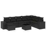 9 Piece Garden Sofa Set with Cushions Black Poly Rattan - Front View