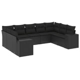 9 Piece Garden Sofa Set with Cushions Black Poly Rattan - Front View