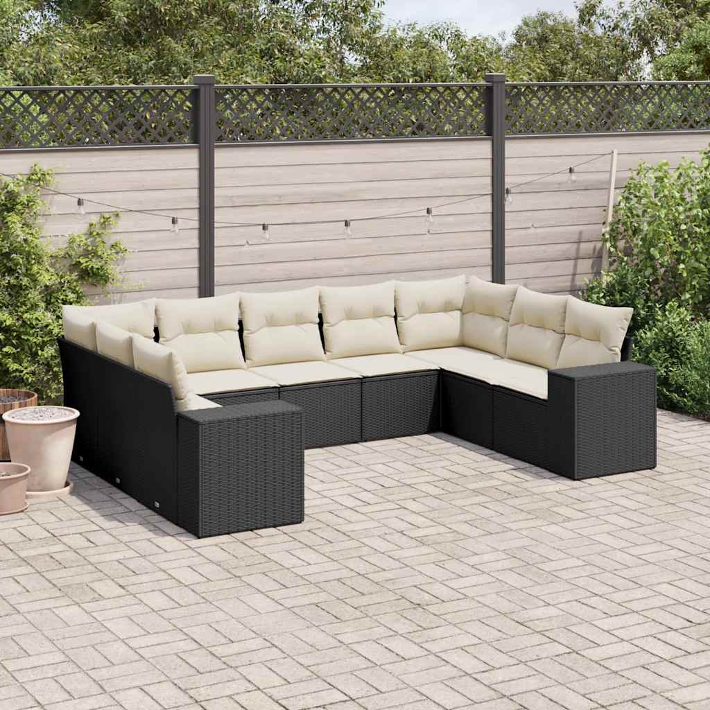 9 Piece Garden Sofa Set with Cushions Black Poly Rattan