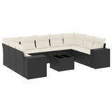 10 Piece Garden Sofa Set with Cushions Black Poly Rattan - Front View
