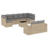 10 Piece Garden Sofa Set with Cushions Beige Poly Rattan - Front View