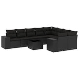 10 Piece Garden Sofa Set with Cushions Black Poly Rattan - Front View