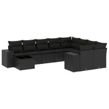 10 Piece Garden Sofa Set with Cushions Black Poly Rattan - Front View