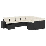 10 Piece Garden Sofa Set with Cushions Black Poly Rattan - Front View