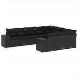 10 Piece Garden Sofa Set with Cushions Black Poly Rattan - Front View