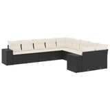 10 Piece Garden Sofa Set with Cushions Black Poly Rattan - Front View