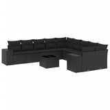 11 Piece Garden Sofa Set with Cushions Black Poly Rattan - Front View