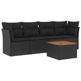 5 Piece Garden Sofa Set with Cushions Black Poly Rattan - Front View