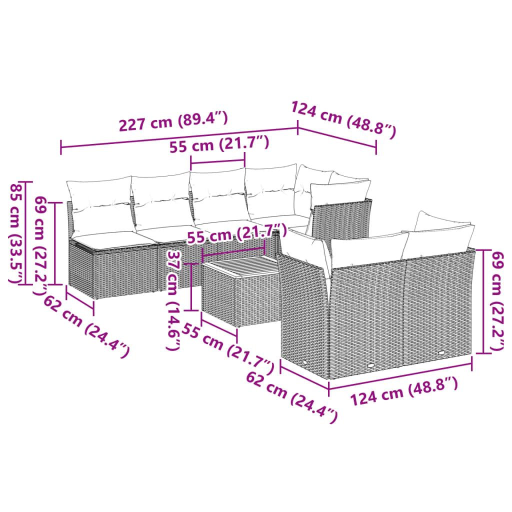 8 Piece Garden Sofa Set with Cushions Grey Poly Rattan