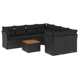 9 Piece Garden Sofa Set with Cushions Black Poly Rattan - Front View