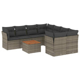 9 Piece Garden Sofa Set with Cushions Grey Poly Rattan - Front View