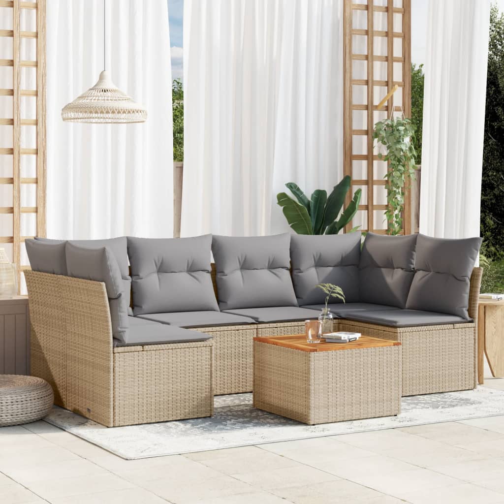 7 Piece Garden Sofa Set with Cushions Mix Beige Poly Rattan