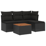 5 Piece Garden Sofa Set with Cushions Black Poly Rattan - Front View