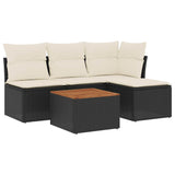 5 Piece Garden Sofa Set with Cushions Black Poly Rattan - Front View