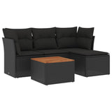 5 Piece Garden Sofa Set with Cushions Black Poly Rattan - Front View