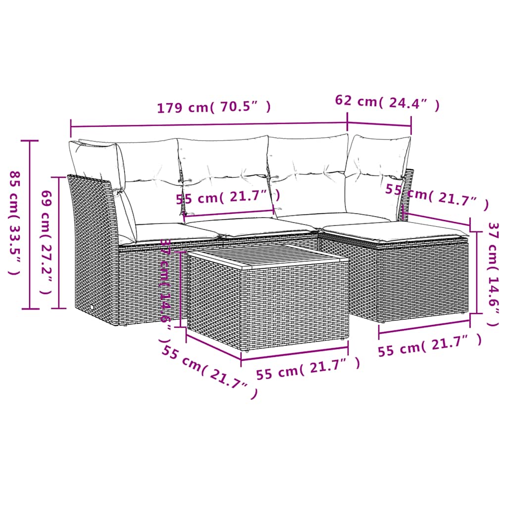 5 Piece Garden Sofa Set with Cushions Black Poly Rattan