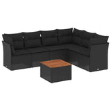 7 Piece Garden Sofa Set with Cushions Black Poly Rattan - Front View