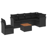 7 Piece Garden Sofa Set with Cushions Black Poly Rattan - Front View