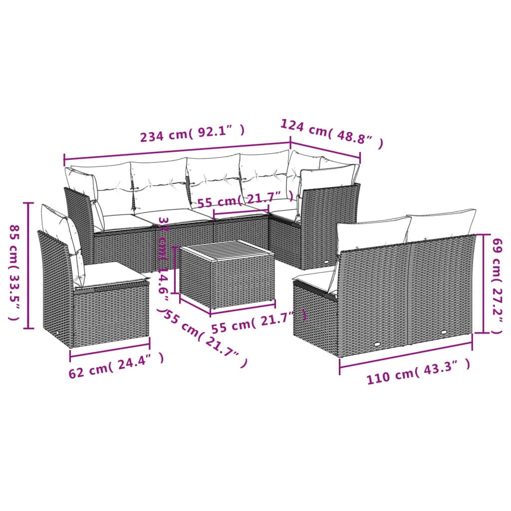 9 Piece Garden Sofa Set with Cushions Grey Poly Rattan