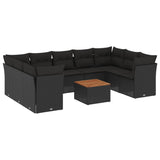 10 Piece Garden Sofa Set with Cushions Black Poly Rattan - Front View
