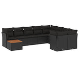 10 Piece Garden Sofa Set with Cushions Black Poly Rattan - Front View