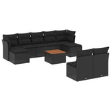 10 Piece Garden Sofa Set with Cushions Black Poly Rattan - Front View