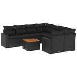 9 Piece Garden Sofa Set with Cushions Black Poly Rattan - Front View