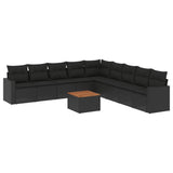 10 Piece Garden Sofa Set with Cushions Black Poly Rattan - Front View
