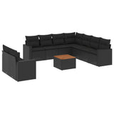 10 Piece Garden Sofa Set with Cushions Black Poly Rattan - Front View