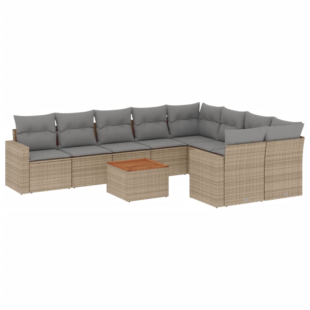 10 Piece Garden Sofa Set with Cushions Mix Beige Poly Rattan