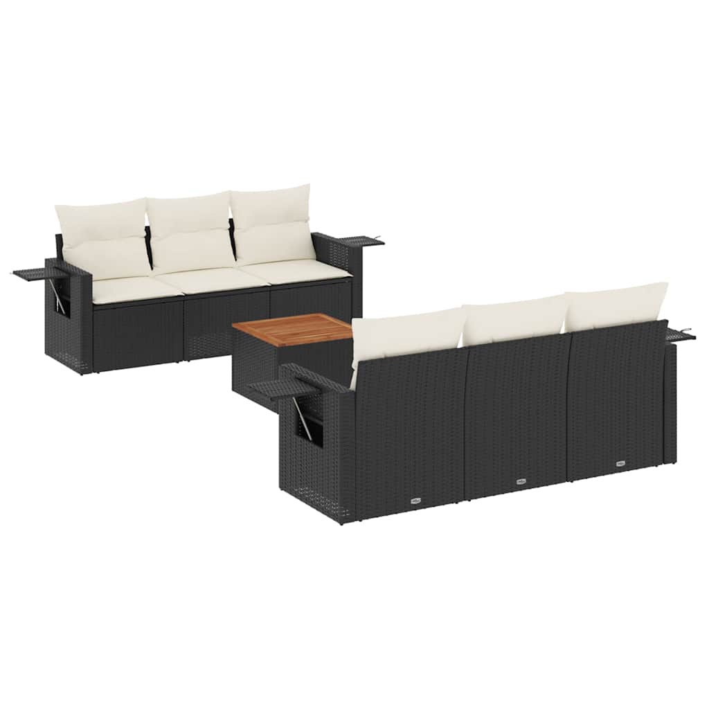 7 Piece Garden Sofa Set with Cushions Black Poly Rattan