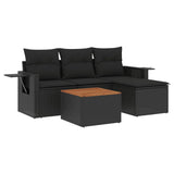 5 Piece Garden Sofa Set with Cushions Black Poly Rattan - Front View
