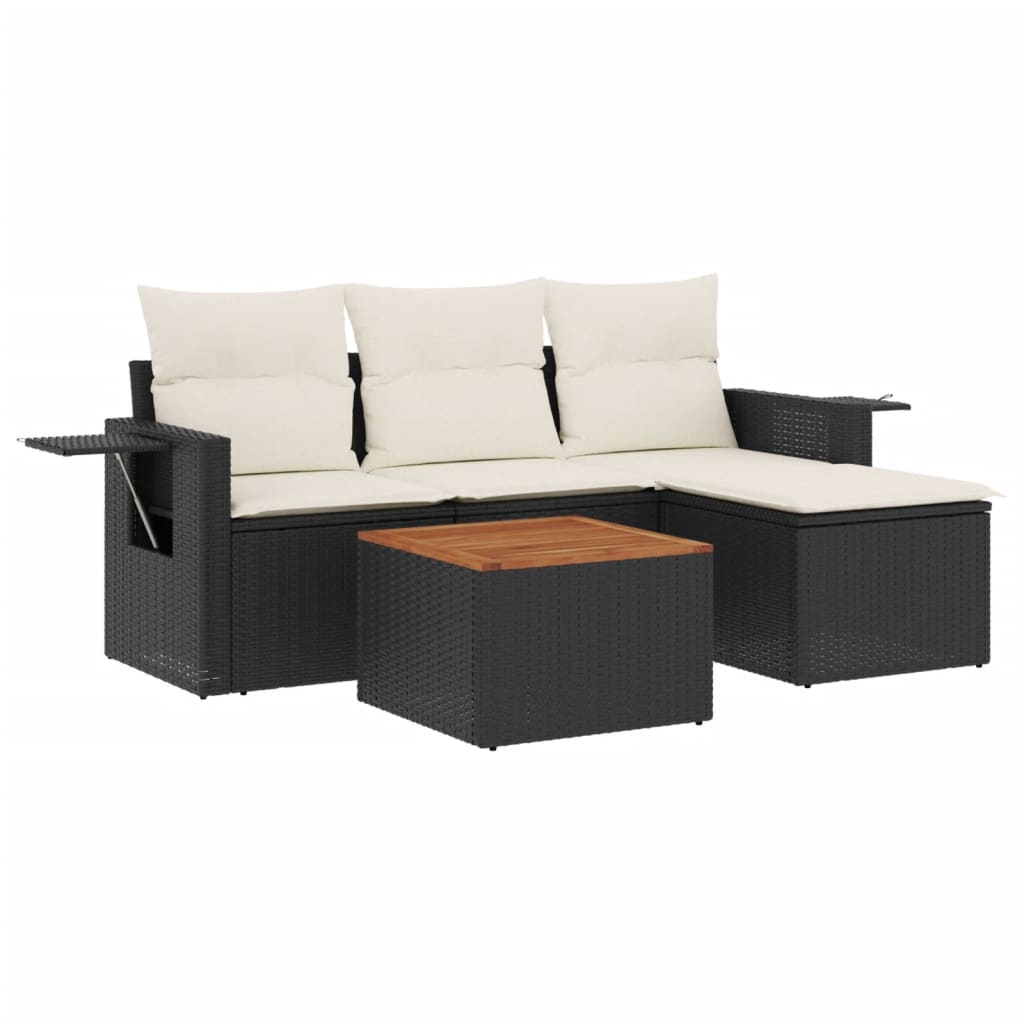 5 Piece Garden Sofa Set with Cushions Black Poly Rattan