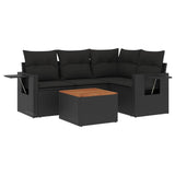 5 Piece Garden Sofa Set with Cushions Black Poly Rattan - Front View