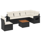 7 Piece Garden Sofa Set with Cushions Black Poly Rattan - Front View