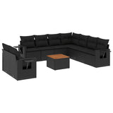 10 Piece Garden Sofa Set with Cushions Black Poly Rattan - Front View