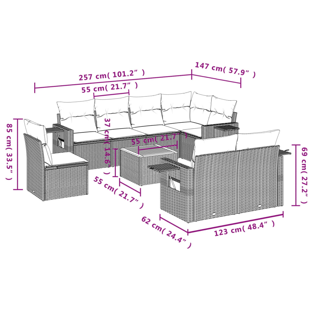 9 Piece Garden Sofa Set with Cushions Grey Poly Rattan