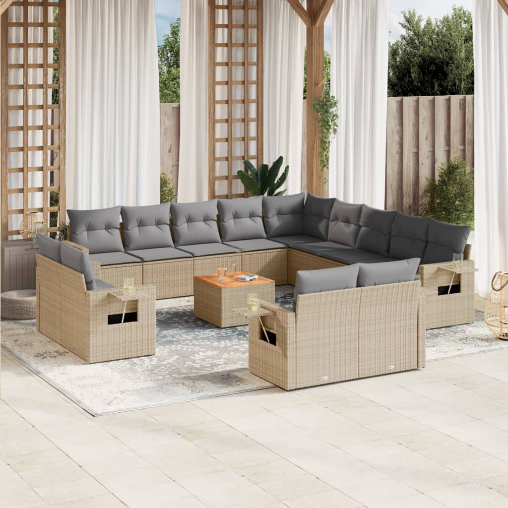 14 Piece Garden Sofa Set with Cushions Mix Beige Poly Rattan