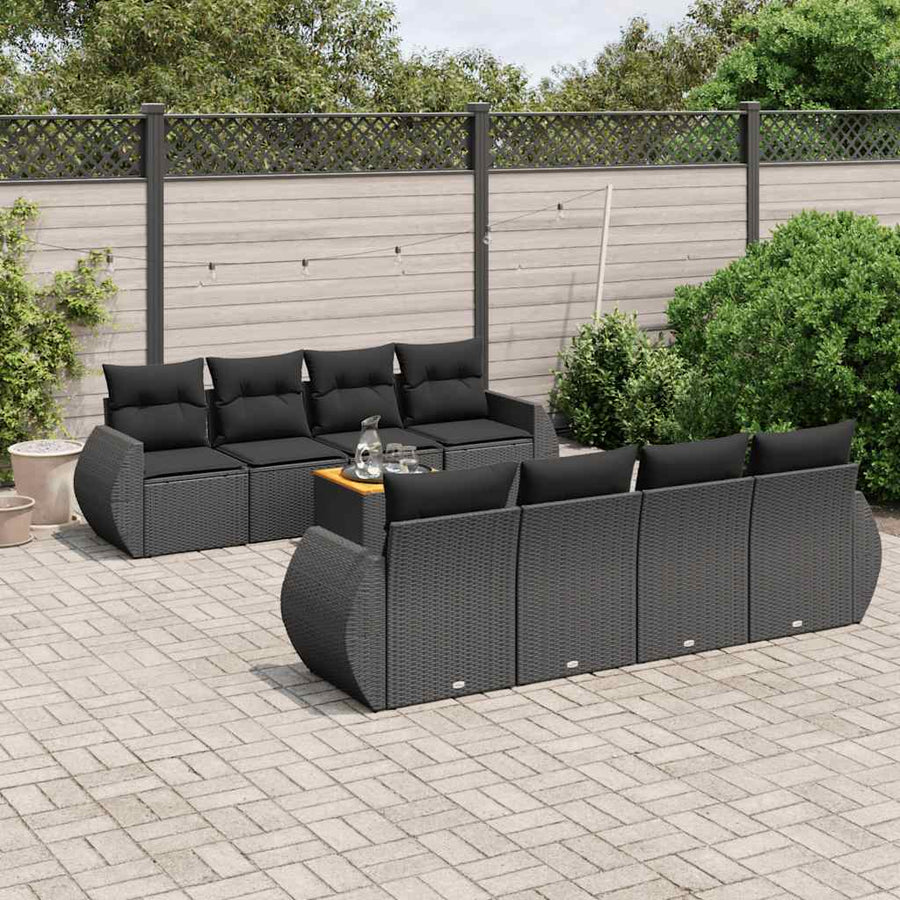 9 Piece Garden Sofa Set with Cushions Black Poly Rattan