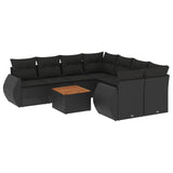 9 Piece Garden Sofa Set with Cushions Black Poly Rattan - Front View