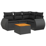 5 Piece Garden Sofa Set with Cushions Black Poly Rattan - Front View