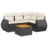 5 Piece Garden Sofa Set with Cushions Black Poly Rattan - Front View