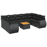 10 Piece Garden Sofa Set with Cushions Black Poly Rattan - Front View