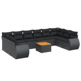 11 Piece Garden Sofa Set with Cushions Black Poly Rattan - Front View